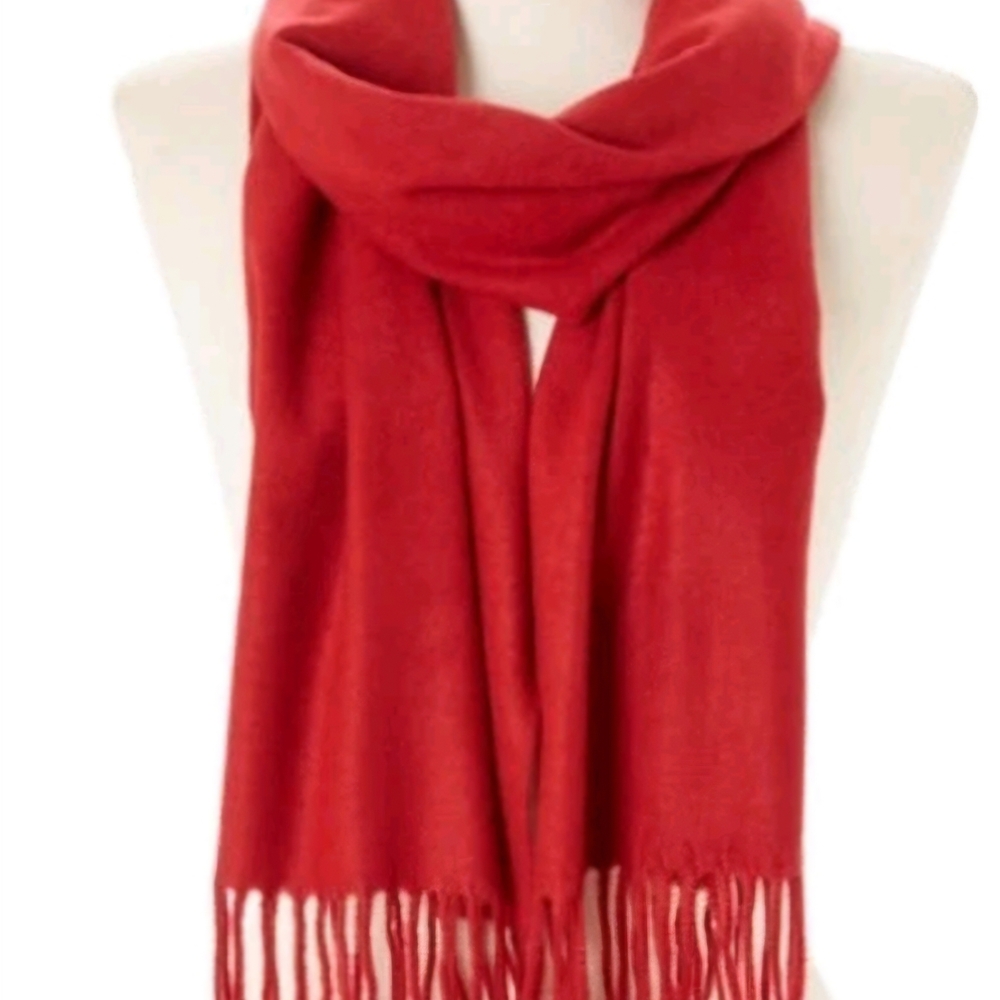 Italy Design Scarf Women OS Red Excellent‎ Cashmere Blend Fringed Soft Wrap